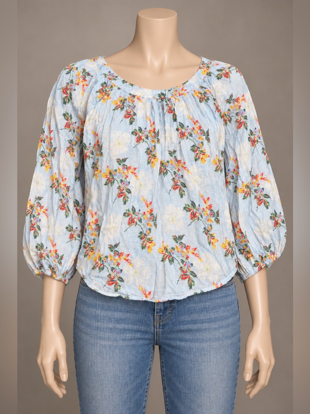 Maeve Anthropologie Boswell Floral Blouse Size 2 Blue Balloon Sleeve Boho